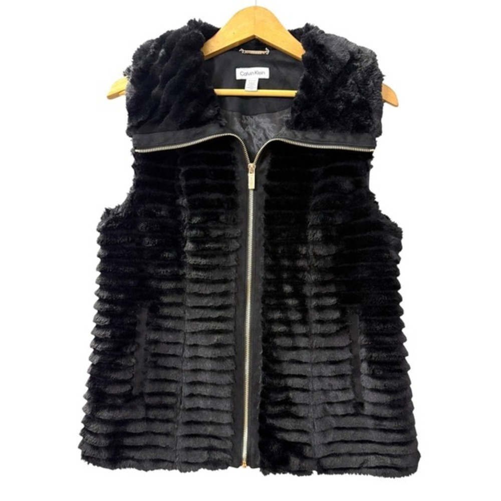 Calvin Klein Faux Fur‎ Vest Womens Small Pre-Owned Black Ribbed Full Gold Zipper